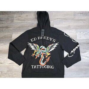 Ed Hardy Hoodie Black Dragon Tiger Tattoo Fleece Pullover Y2K Men Size Medium